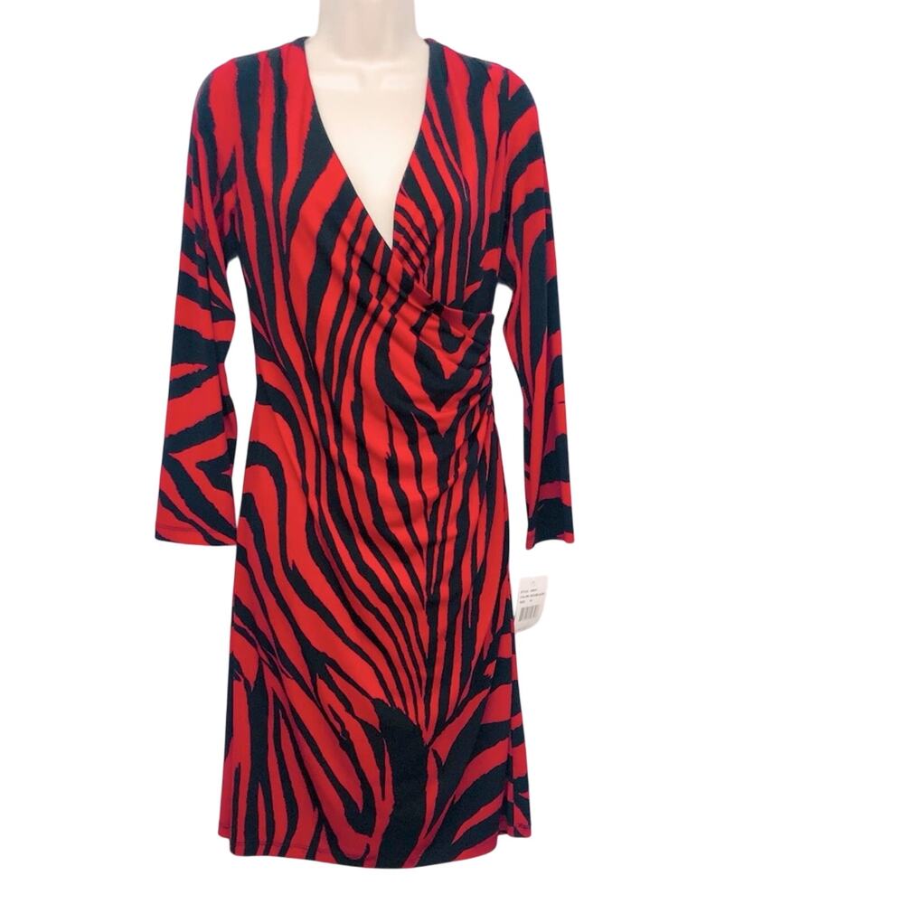 NWT Ronni Nicole Black Red Zebra Office Siren Wrap Dress V Neck Long Sleeve